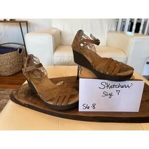 Skechers Strappy Wedge Sandals Women Size 7 Brown Comfort Sandals